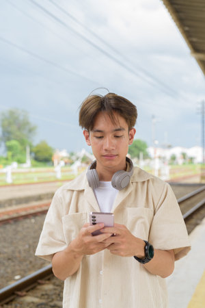 Young Asian non binary tourist traveler in train station