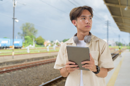 Young Asian non binary tourist traveler in train station using tablet computer