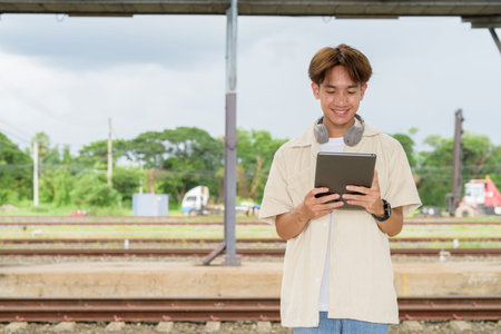 Young Asian non binary tourist traveler in train station