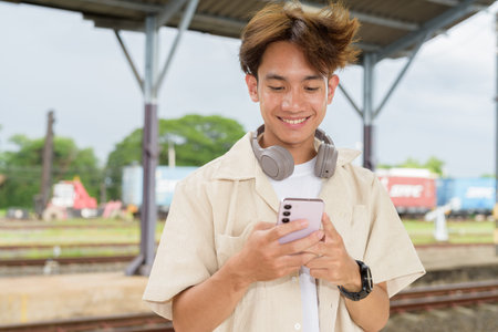 Young Asian non binary tourist traveler in train station