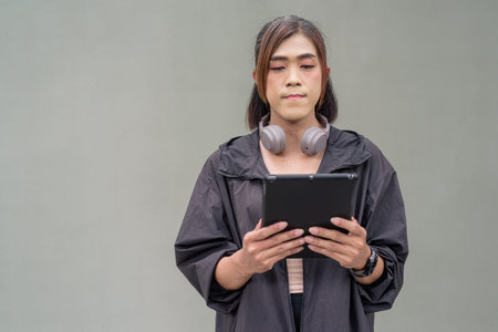 Portrait of a transgender Asian woman in front of a plain outdoors wall wearing sports clothing