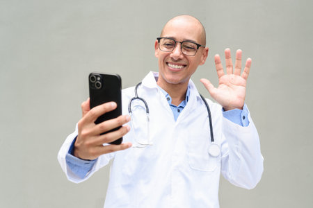 Portrait of mature bald male doctor wearing lab coat and eyeglasses with stethoscope around neck, posing against neutral wall background.の写真素材
