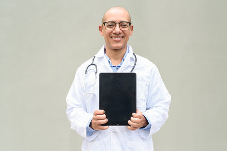 Portrait of mature bald male doctor wearing lab coat and eyeglasses with stethoscope around neck,...