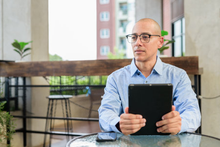 Bald man in blue shirt and eyeglasses using digital tablet while seated outside during daytime....