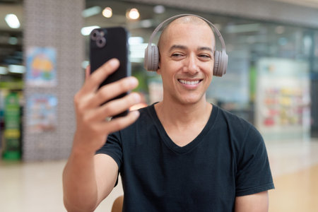 Adult bald man in black t-shirt enjoying music with headphones, while using phone. Calm, minimal,...
