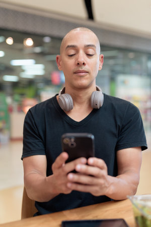Bald adult man in black t-shirt using smartphone while seated alone in a mall food court. Technology-focused lifestyle concept showing casual digital activity in a real public space. Neutral and modern.の写真素材