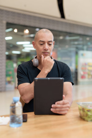 Healthy adult man multitasking with digital tablet computer and salad in casual public setting....