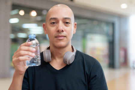 Bald man in black shirt hydrating with water bottle at mall table. Emphasizing health, self-care, and hydration habits in public space. Clean, natural, and minimal lifestyle expression.の写真素材