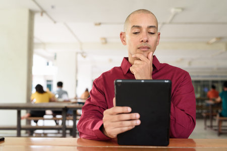 Confident man wearing burgundy colored shirt using tablet computer at coffee shop table outdoors in...