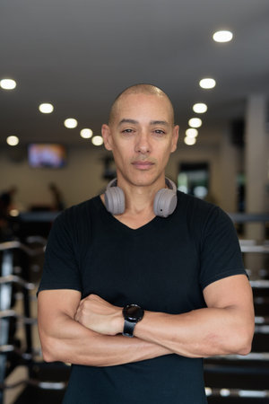Bald Hispanic man training in gym for fitness and workout. Muscular male exercising indoors with...