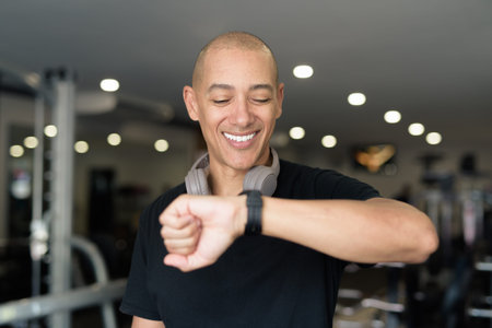 Hispanic bald man athlete in gym using smartwatch fitness tracker monitoring his exercise stats and...