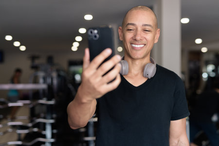 Bald Hispanic man training in gym for fitness and workout. Muscular male exercising indoors with confidence, wearing black shirt and headphones. Healthy lifestyle, strength and wellness focus.の写真素材