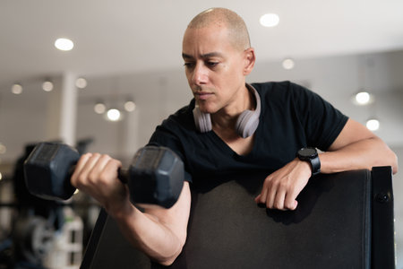 Bald Hispanic man training in gym for fitness and workout. Muscular male exercising indoors with confidence, wearing black shirt and headphones. Healthy lifestyle, strength and wellness focus.の写真素材