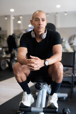 Bald Hispanic man training in gym for fitness and workout. Muscular male exercising indoors with confidence, wearing black shirt and headphones. Healthy lifestyle, strength and wellness focus.の写真素材