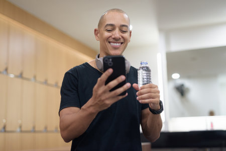 Latin adult male in locker room holding water bottle while using smartphone. Gym workout recovery, hydration habit, digital fitness routine, privacy and wellness lifestyle after training.の写真素材