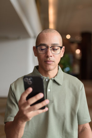 Latin adult man in eyeglasses using phone while seated in hotel lobby or bar lounge. Modern digital lifestyle, casual business setting, communication and connectivity in travel environment.の写真素材