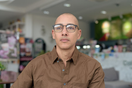 Bald Hispanic man in his 40s sitting in coffee shop, wearing casual shirt and eyeglasses. Confident and happy expression. Urban lifestyle, modern man, adult portrait in relaxed environment.の写真素材