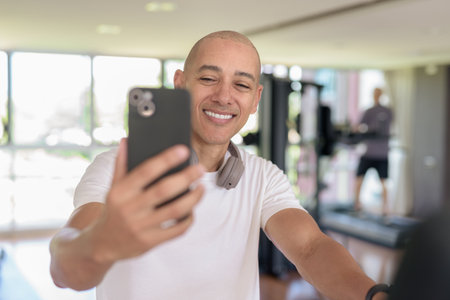Bald Hispanic man working out on a stationary exercise bike inside modern gym while using phone. Focused fitness and workout concept showing strength, cardio, and motivation.の写真素材