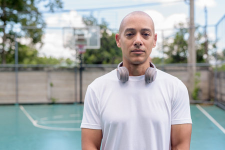 Bald Hispanic man in sportswear posing on basketball court. Urban sports lifestyle, combining...