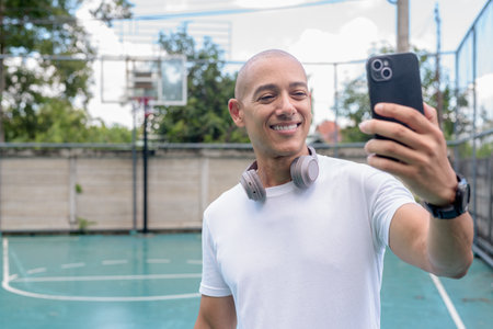 Bald Hispanic man in sportswear using smartphone on city basketball court. Urban fitness and healthy lifestyle concept blending athletic training with modern technology.の写真素材