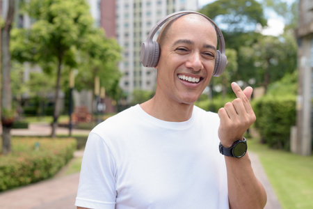 Bald Latin man walking in city or park area, enjoying outdoor movement. Captures confident wellness lifestyle, active habits, and healthy summer urban routine.の写真素材