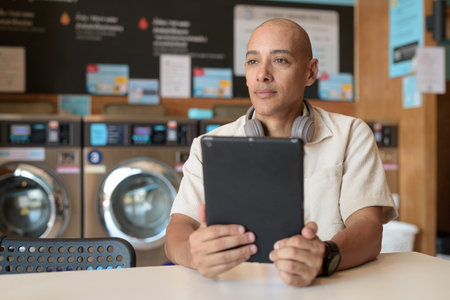 Bald Hispanic man in casual clothes sitting in laundry shop using digital tablet. Everyday urban...