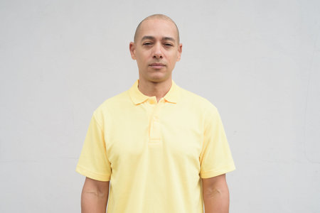 Studio portrait of a mature man with shaved head wearing yellow polo shirt, standing in front of a neutral plain white wall with copy space. Clean isolated cut out look.の写真素材