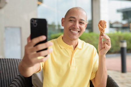 Portrait of a middle-aged Hispanic man sitting outdoors and eating crispy fried chicken during...