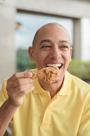 Portrait of a middle-aged Hispanic man sitting outdoors and eating crispy fried chicken during lunch, enjoying a relaxed lifestyle in a casual outdoor restaurant setting.の写真素材