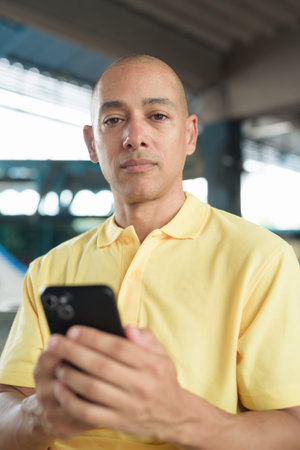 Mature bald Hispanic man sitting at an outdoor bus station platform, waiting for transportation while browsing his smartphone. Travel, commuting, and public transport concept in Thailand.の写真素材