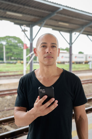 Portrait of a mature bald Hispanic man tourist in a black t-shirt using phone at a train station platform, waiting for a train while traveling in Thailand. Tourism, commuting, and transport theme.の写真素材