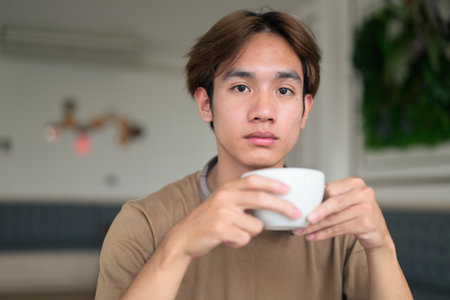 Young Thai student man in a brown t-shirt in coffee shop wearing headphones around his neck in a modern cafe concept of social media, remote communication and digital lifestyle.の写真素材