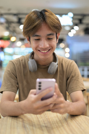 Handsome young Asian Thai man with headphones enjoying modern lifestyleの写真素材