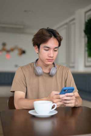 Young Thai student man in a brown t-shirt in coffee shop wearing headphones around his neck in a...