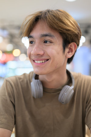 Young Thai student man in a brown t-shirt in coffee shop wearing headphones around his neck in a modern cafe concept of social media, remote communication and digital lifestyle.の写真素材