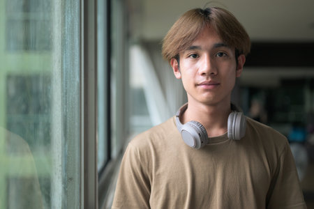 Young handsome and slim Asian Thai man with headphones next to windowの写真素材