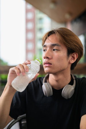 Young man drinking water from bottle while sitting outdoors and having headphones around his neckの写真素材