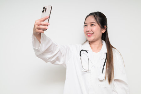 Studio portrait of Southeast Asian Thai healthcare worker woman doctor in lab coat against white background posing confidentlyの写真素材