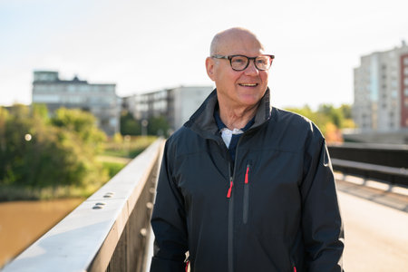 Portrait of a smiling Scandinavian senior man standing on a bridge in the cityの写真素材