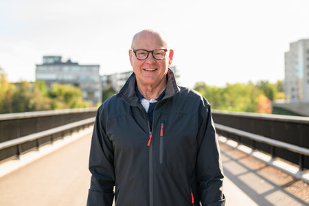 Portrait of a smiling Scandinavian senior man standing on a bridge in the cityの写真素材