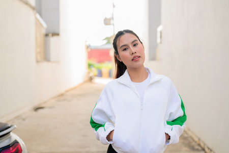 Happy young Asian woman in sporty activewear outdoors. Casual lifestyle portrait with cheerful expression, natural light, and positive energy for wellness, vitality, and fitness themes.の写真素材