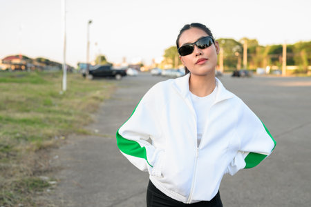 Happy young Asian woman in sporty activewear outdoors. Casual lifestyle portrait with cheerful expression, natural light, and positive energy for wellness, vitality, and fitness themes.の写真素材
