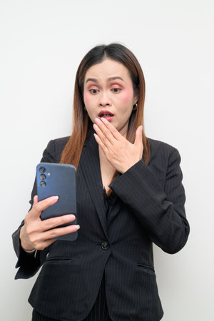 Surprised Asian Business Woman Studio Portrait on White Background Using Phone Amazedの写真素材