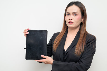 Asian Business Woman Studio Portrait on White Background Using Digital Tablet Computerの写真素材