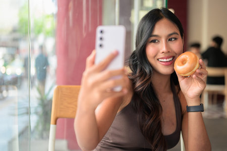 Smiling young woman sitting in cafe taking a selfie with a smartphone while holding a glazed donut