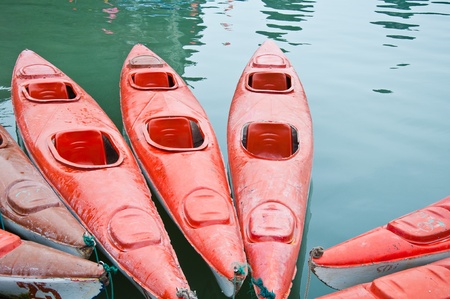 Red Kayaks on sea, halong bay, vietnamの写真素材