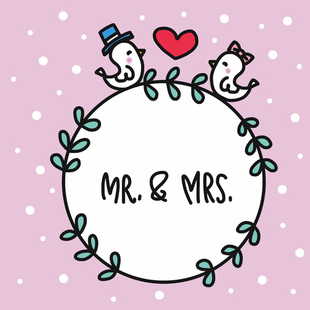 Mr. and Mrs. word in leaf wreath and couple bird cartoon vector illustrationのイラスト素材