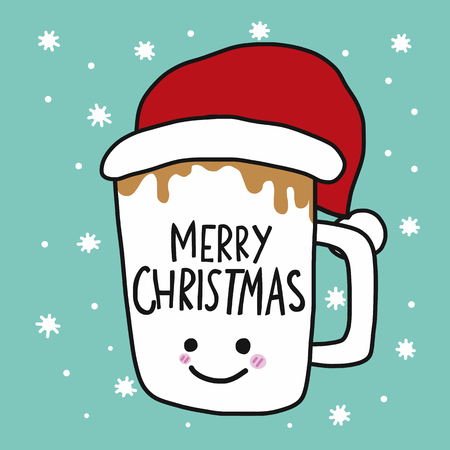 Merry Christmas coffee cup and Santa hat cartoon vector illustrationのイラスト素材