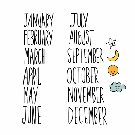 Monthly handwriting set vector illustration doodle styleのイラスト素材
