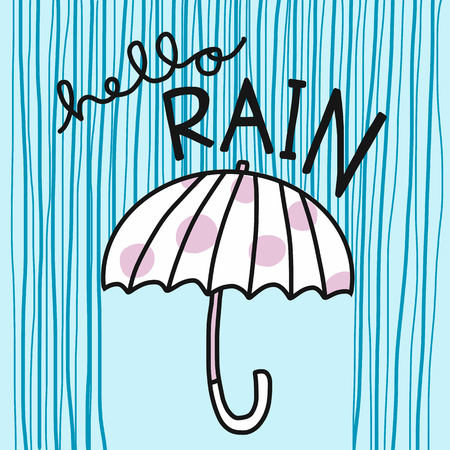 Hello Rain word , umbrella and rain vector cartoon illustrationのイラスト素材